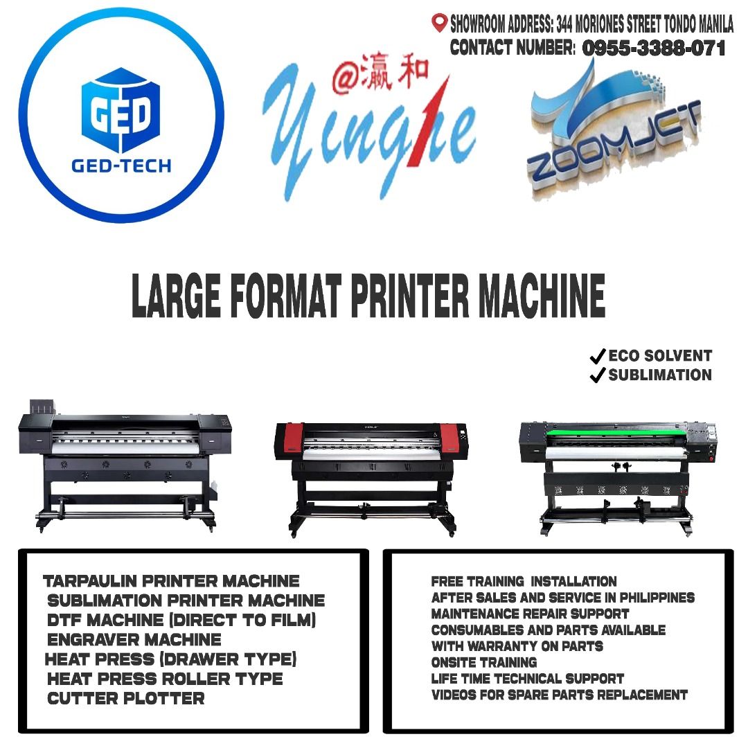 TARPAULIN SUBLIMATION DTF CUTTER PLOTTER MACHINE SUPPLIER (Category: Printers, Scanners & Copiers) located in Manila. Submitted by melvinflor41363 (Listing ID 1375293010, Image 1). Description: Tarpaulin/Stickers Printer ba hanap mo? Available Ged printers/yinghe/zoomjet etc. ☑️High - Quality ☑️High - Reliability ☑️High – Performance FREE TRAINING INSTALLATION LIFE TIME TECHNICAL SUPPORT AFTER SALE SERVICE For Inquires, please contact at: ☎️: 095