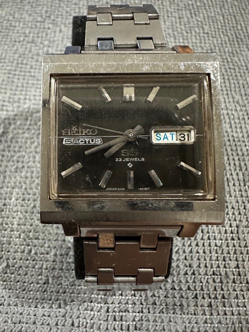 Vintage Seiko 5ACTUS Automatic SS (Category: Men's Watches) located in Quezon City. Submitted by carl.sy. (Listing ID 1375289996, Image 1). Description: Vintage Seiko 5ACTUS Automatic Black Square Dial 6106-5440 Day Date Kanji. There are numerous small scratches throughout. The band is genuine SEIKO. The display of the day of the week can be switched between Japanese and English. Operation is normal. Keeping time: +30~+40 sec / day Case Size：34×t