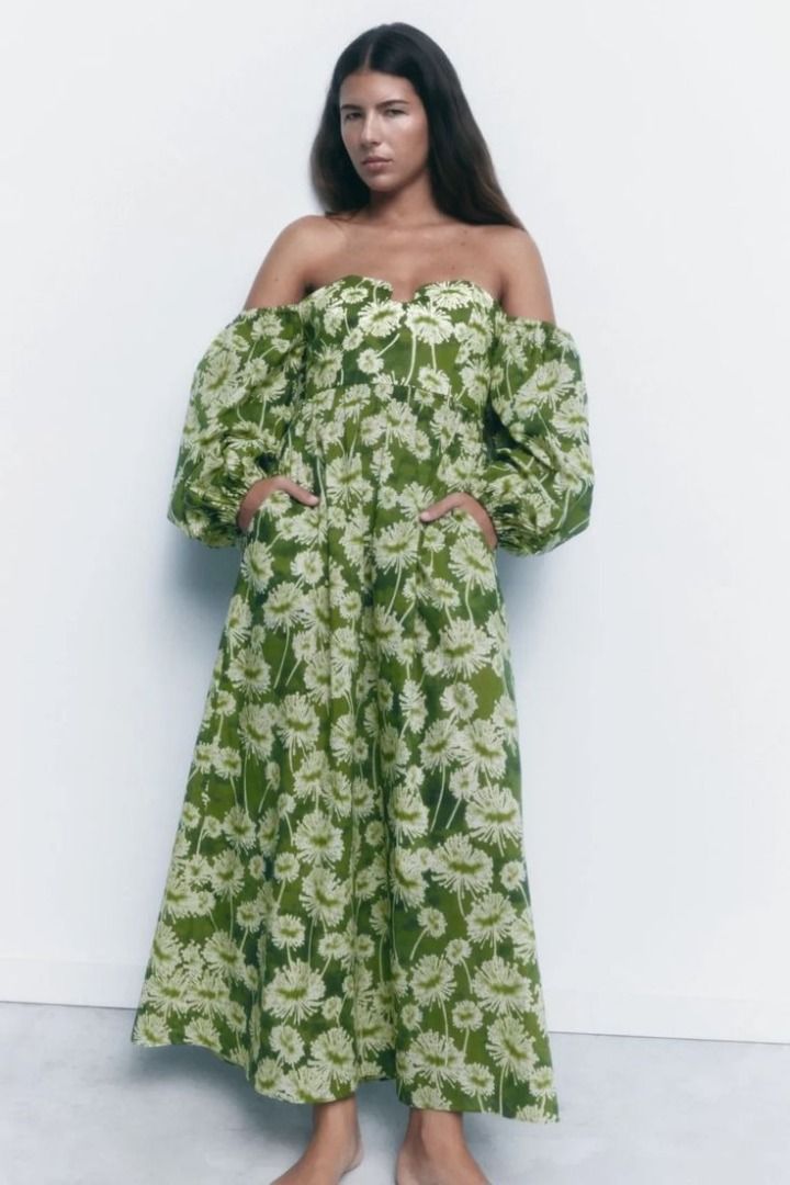 ZARA Green Floral Print Off Shoulder Balloon Sleeve Maxi Dress