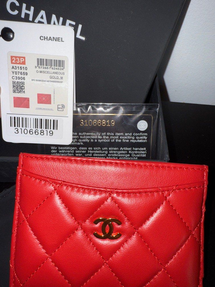 Authentic Complete set Chanel Card Holder in Red (Category: Luxury Bags & Wallets) located in Quezon City. Submitted by itsmatilda318 (Listing ID 1375481695, Image 2). Description: Complete set (box and dust bag) With hologram, tags, and authenticity card Price slightly negotiable .