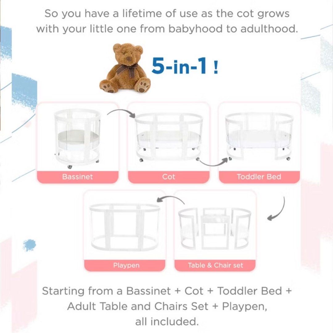 Babyhood Kaylula Sova Clear Cot 5 in 1 + 3pc Mattress Set (Category: Cots & Cribs) located in Singapore. Submitted by bitsofpieces (Listing ID 1375650986, Image 3). Description: What is Included • 1 Set of Kaylula Sova Clear Cot 5-in-1 • 3-pcs Mattress Set Sova Cot • 130cm (L) * 76cm (W) * 82cm (H) with castors • 75cm height without castors Self collect only.