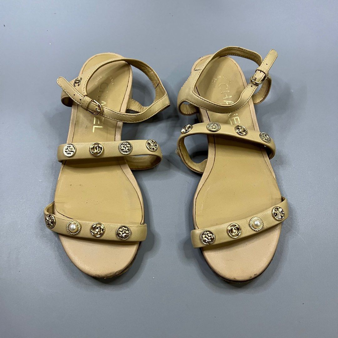 Chanel - Interlocking CC Logo Flats Sandals (Category: Sandals) located in Paranaque City. Submitted by millennial_goodz (Listing ID 1375505391, Image 2). Description: WTS Chanel Interlocking CC Logo Flats Sandals Material: Leather Color: Beige Size 36 fits 5-6 Womens Very good condition Minimal signs of usage P2,999 only DM.