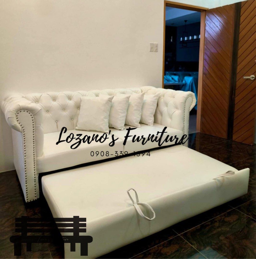 Daybed Couch | Sofa (Upholstered/Tufted/Padded) | Solid Mahogany Wood (Category: Sofas) located in Malabon City. Submitted by lozanosfurniture (Listing ID 1375525212, Image 1). Description: - Good as Queen Size Bed when pulled out - Made from Solid Mahogany Wood - 100% Uratex Foam - Choice of fabric or leather for cover (wide color selction, ask for swatches!) - Direct Manufacturer, we accept customized size and designs Payment upon delivery, COD