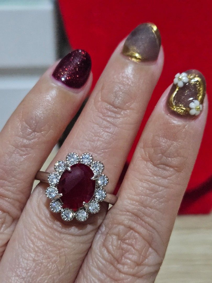 Ruby Stone Flower Ring (Category: Rings) located in Cainta. Submitted by Kahi0410 (Listing ID 1375576082, Image 3). Description: Natural Stone Faceted 8x6mm Elegant style with zirconian side stone Platinum plated settings Ring Adjustable Hypoallergenic Safe for acidic, sensitive skin.