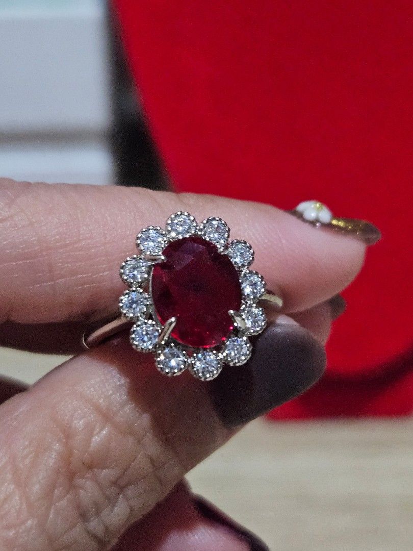Ruby Stone Flower Ring (Category: Rings) located in Cainta. Submitted by Kahi0410 (Listing ID 1375576082, Image 1). Description: Natural Stone Faceted 8x6mm Elegant style with zirconian side stone Platinum plated settings Ring Adjustable Hypoallergenic Safe for acidic, sensitive skin.