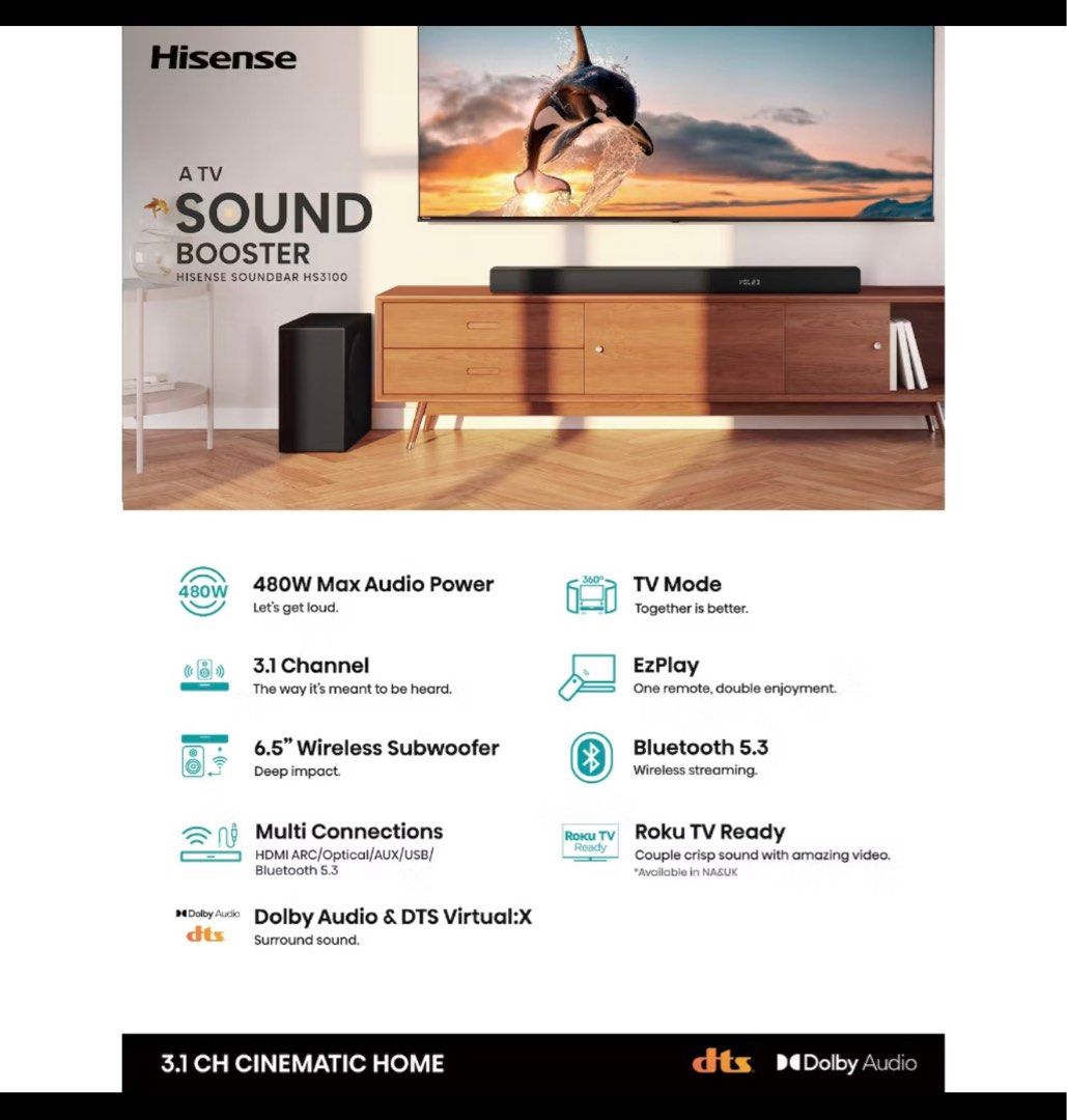 Hisense 3.1CH Soundbar with wireless subwoofer (Category: Soundbars, Speakers & Amplifiers) located in Singapore. Submitted by chloe.chan (Listing ID 1375499243, Image 3). Description: Use only 1 month and now letting it go is becuase I had purchase my karaoke set. .