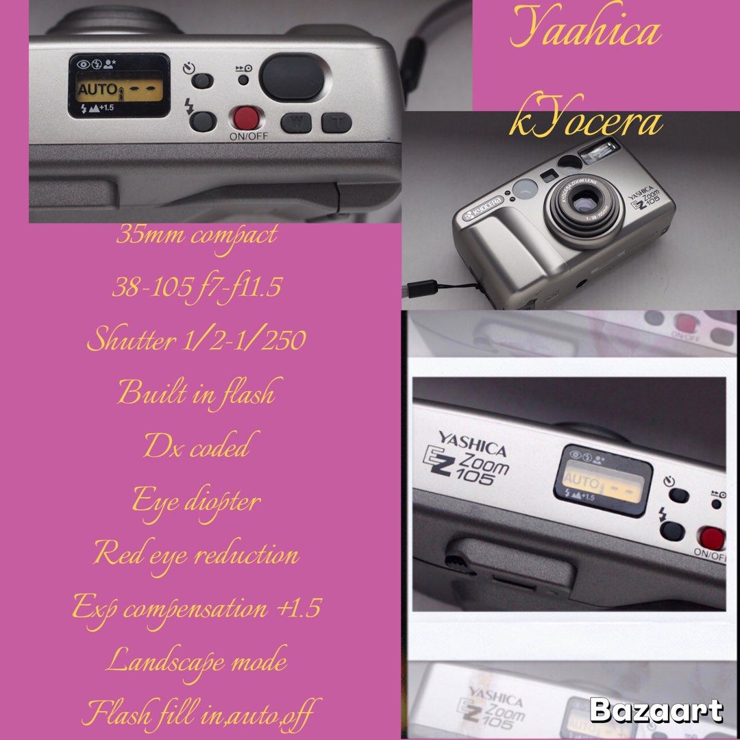 Kyocera yashica ez zoom 105 (Category: Cameras) located in Las Pinas. Submitted by film101 (Listing ID 1375514924, Image 1). Description: Kyocera Yashica ez zoom 105 Mint condition 🍭🍭 ⚡️Advanced pns film camera And 35mm compact Run by AA batt 🍃Best features -adjuster eye diopter -red eye reduction -portrait/landscape mode -exp compensation +1.5 -fLASH Fill in/auto /flash off -self timer No issues found All working -flash -aperture -zoom -butto