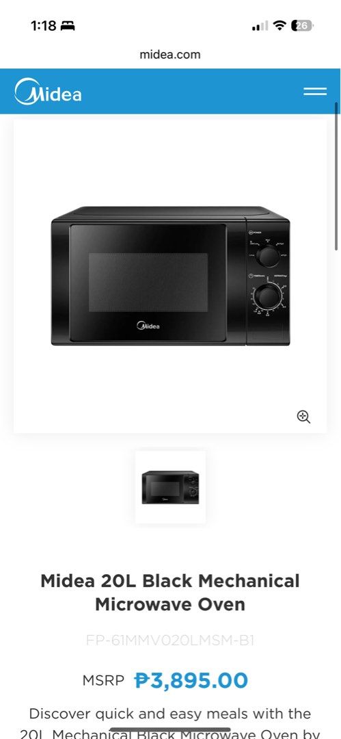 Midea 20L microwave (Category: Cookers) located in Quezon City. Submitted by thrifty.peachy (Listing ID 1375636663, Image 3). Description: Midea 20L microwave won in raffle brand new Features • 35-Minute Cooking Timer • Defrost by Weight and Time • Easy-to-Control Knob.