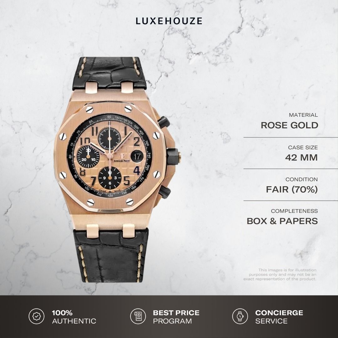 Mint 2016 Audemars Piguet Royal Oak Offshore 42 26470OR.OO.A002CR.01 26470OR Rose Gold (Category: Watches) located in Singapore. Submitted by luxehouze (Listing ID 1373159769, Image 1). Description: Join our Community for special deals and latest arrivals! //bit.ly/LHWatchesSG Watch Details: SKU: 0014654 Condition: Fair (70%) Dial: Rose Gold Year: 2016 Completeness: Box & Papers This piece is available for viewing by request. Reserve your spot on