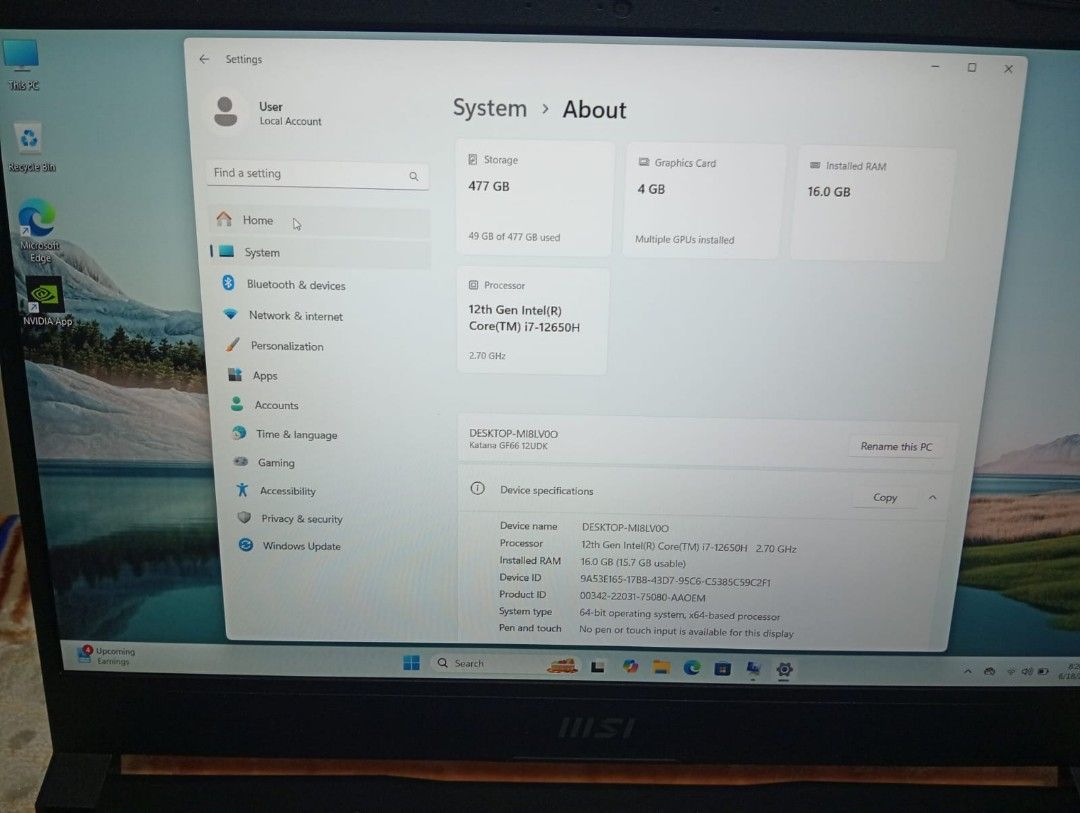 MSI Gaming Core i7_12th Gen, 4gb Nvidia GPU, 16gb ram and 512gb NVMe SSD, Super fast Laptop (Category: Laptops & Notebooks) located in Singapore. Submitted by fojlahosan2024. (Listing ID 1375601417, Image 3). Description: 🥰 MSI Gaming ❤️ Intel(R) Core i7-12650H, 2700Mhz ❤️ Nvidia GeForce RTX 3050 Ti Laptop GPU ❤️ Dedicated GPU Memory 4.0GB ❤️RAM :- 16 gb ✅ 💙 Windows 11pro ❤️SSD :-512 gb✅ 💙 Model: Katana GF66 12UDK ♥️ Batery excellent ✅ ♥️Windo
