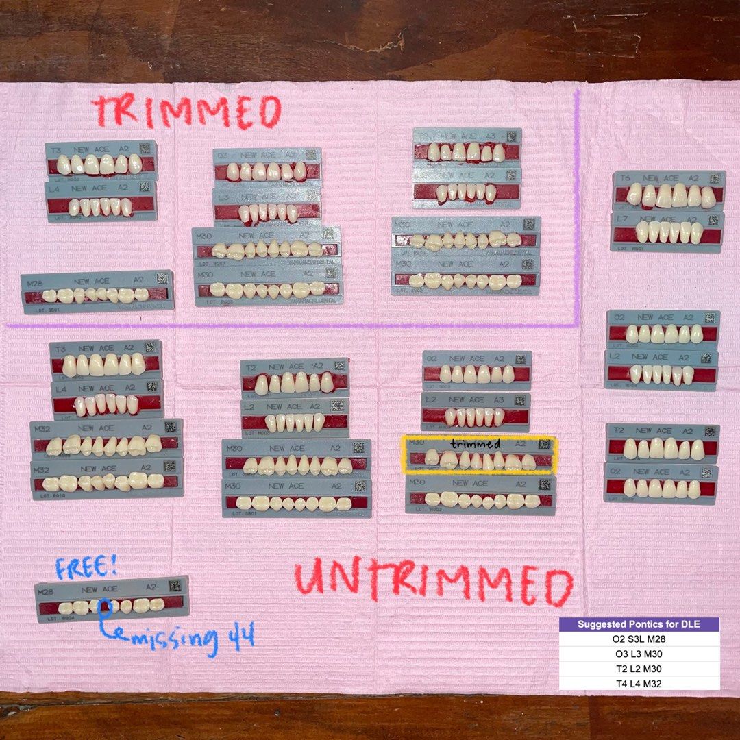 New Ace Denture Teeth / Pontics | Prostho Dental Materials (Category: Medical Supplies & Tools) located in Quezon City. Submitted by blytheu (Listing ID 1375546496, Image 3). Description: Sold as set only Extra during boards Trimmed Pontics - 12 pcs Untrimmed Pontics - 17 pcs ——————— Trimmed Pontics T2 T3 O3 M30 L2 L3 L4 M30 M28 Untrimmed Pontics T2 O2 T6 T3 M30 M32 L2 L4 L7 M30 M32 Suggested Denture Teeth/Pontics for DLE O2 S3L M28 O3 L3 M30 T2 