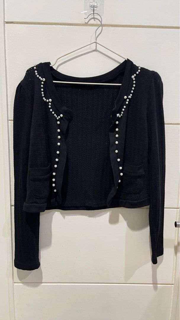 Outer crop knit cardigan autumn korean with beads long sleeve black bolero  atasan lengan panjang rajut hitam