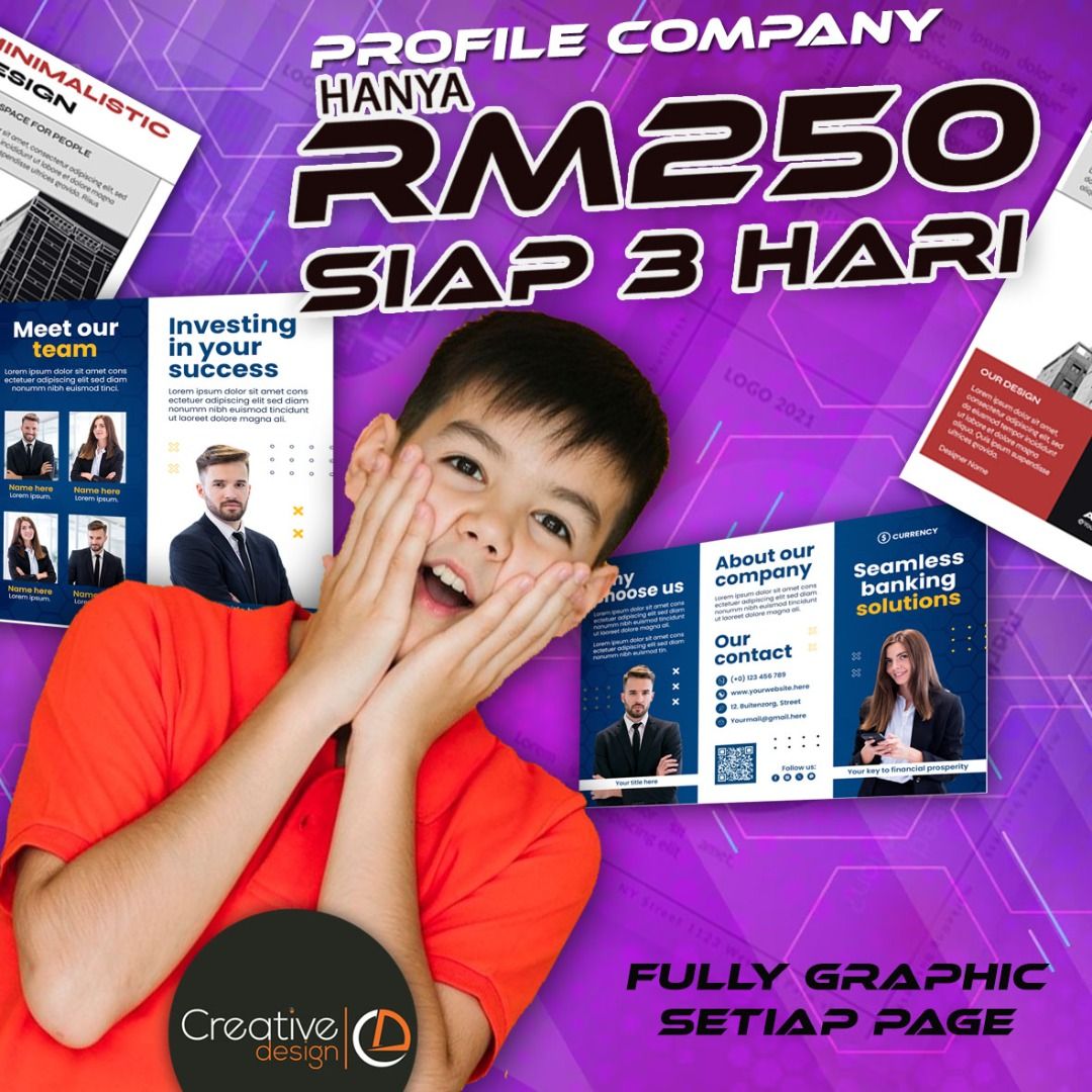 Profile Syarikat / Design Murah / Company Profile / Banner / Bunting (Category: Announcements) located in Kuala Lumpur. Submitted by creative_design (Listing ID 1375520605, Image 1). Description: 𝐏𝐑𝐎𝐅𝐈𝐋 𝐒𝐘𝐀𝐑𝐈𝐊𝐀𝐓 𝐏𝐑𝐎𝐅𝐄𝐒𝐈𝐎𝐍𝐀𝐋 – 𝐒𝐈𝐀𝐏 𝐃𝐀𝐋𝐀𝐌 𝟑 𝐇𝐀𝐑𝐈! 💥 NAK DAPAT TENDER? NAK TARIK PELABUR? Semuanya bermula dengan profil syarikat yang WOW! 💸 HANYA RM250 SAHAJA! 👉 Harga mampu milik – hasil macam syarikat juta-juta