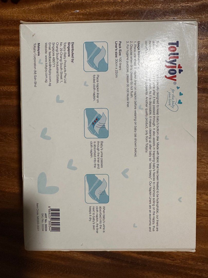 TollyJoy Baby Wear Napkin Liners 100pcs (Category: Diapers & Baby Wipes) located in Singapore. Submitted by zihuiglenn (Listing ID 1375507860, Image 2). Description: Just for mummy who really needed. TollyJoy Baby Wear Napkin Liners. 100 pieces. Extra absorbent. Soft & breathable. Size: 30cm x 22cm. Perfect for keeping baby's bottom dry and comfortable. Convenient and easy to use..