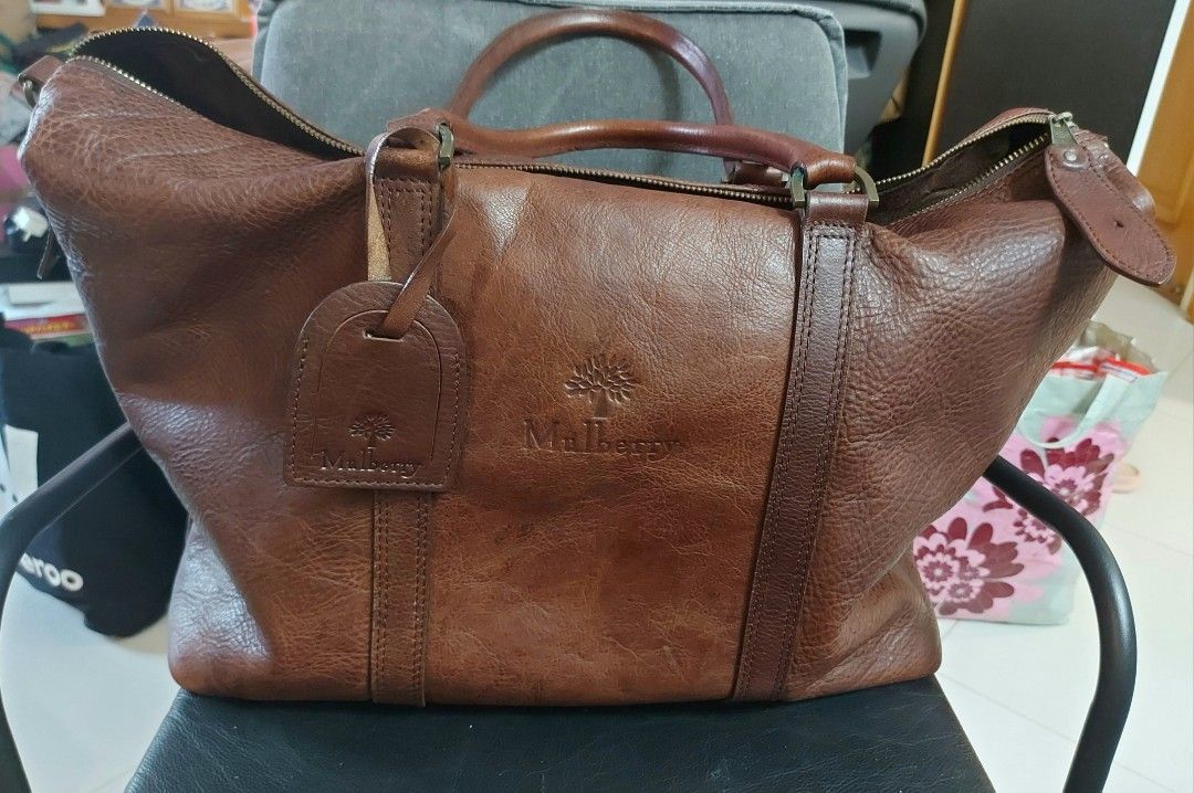 Vintage Mulberry Clipper Brown Leather Holdall Travel Bag, 名牌