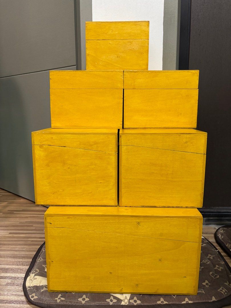 Wooden Boxes (Category: Storage Boxes & Baskets) located in Binan City. Submitted by tootooth (Listing ID 1375524192, Image 1). Description: WOODEN BOX ORGANIZER TAKE ALL FOR 299 MATERIAL: Marine Plywood COLOR: Yellow FLAW/S: May kalawang lang yung pako kung san nilagay yung hinges pero yung mismong hinges walang kalawang and perfectly working .