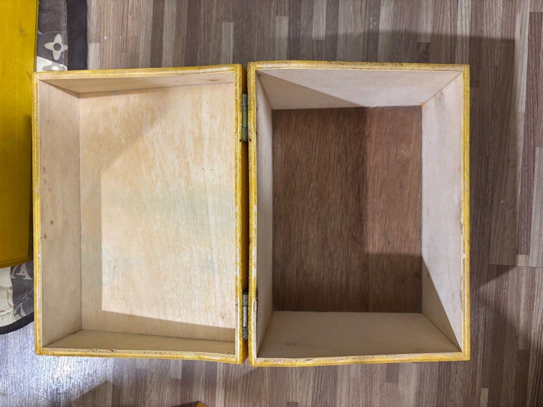 Wooden Boxes (Category: Storage Boxes & Baskets) located in Binan City. Submitted by tootooth (Listing ID 1375524192, Image 3). Description: WOODEN BOX ORGANIZER TAKE ALL FOR 299 MATERIAL: Marine Plywood COLOR: Yellow FLAW/S: May kalawang lang yung pako kung san nilagay yung hinges pero yung mismong hinges walang kalawang and perfectly working .