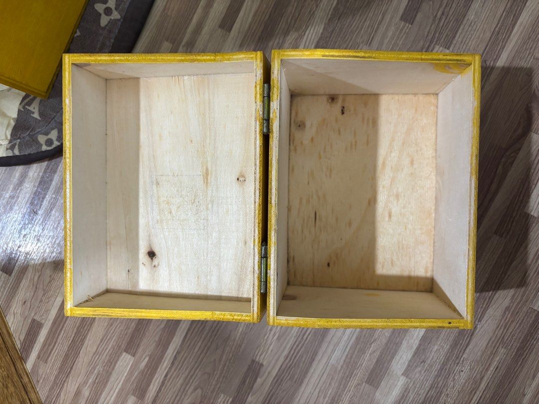 Wooden Boxes (Category: Storage Boxes & Baskets) located in Binan City. Submitted by tootooth (Listing ID 1375524192, Image 2). Description: WOODEN BOX ORGANIZER TAKE ALL FOR 299 MATERIAL: Marine Plywood COLOR: Yellow FLAW/S: May kalawang lang yung pako kung san nilagay yung hinges pero yung mismong hinges walang kalawang and perfectly working .