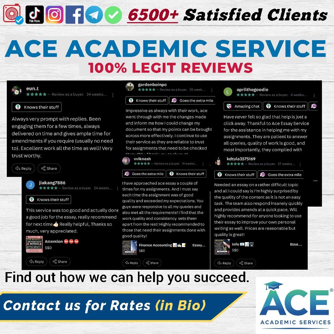 Academic Service Essay Assignment Degree Diploma Masters Help (Category: Announcements) located in Singapore. Submitted by ace_essayservice (Listing ID 232969530, Image 2). Description: Contact: Link: https://linktr.ee/aceessayservice 📲: +65-8424-3326 ( http://bit.ly/3HCqzK6 ) ☑️: t.me/Ace_EssayService 📧: AceEssayService (https://bit.ly/3SLWryg) Feeling Overwhelmed by Uni Assignments in Singapore? Get Instant Academic Relief! 😩 Struggling with