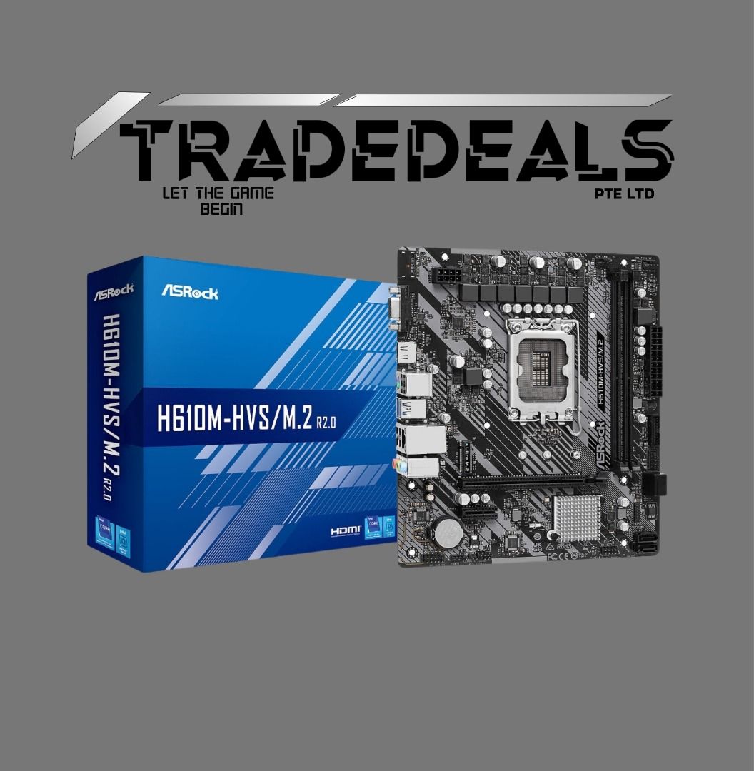 Asrock H610M- HDV/ M.2 R2.0 14TH Gen CPU Ready (Category: Networking) located in Singapore. Submitted by jjtradedeals0469 (Listing ID 1374168107, Image 1). Description: Price Below: $102.00 The ASRock H610M-HDV/M.2 R2.0 is a microATX motherboard designed for Intel's 12th, 13th, and 14th generation Core processors (LGA 1700 socket). It's a budget-friendly option suitable for basic computing, office tasks, and light gaming. Key Specifications Chips