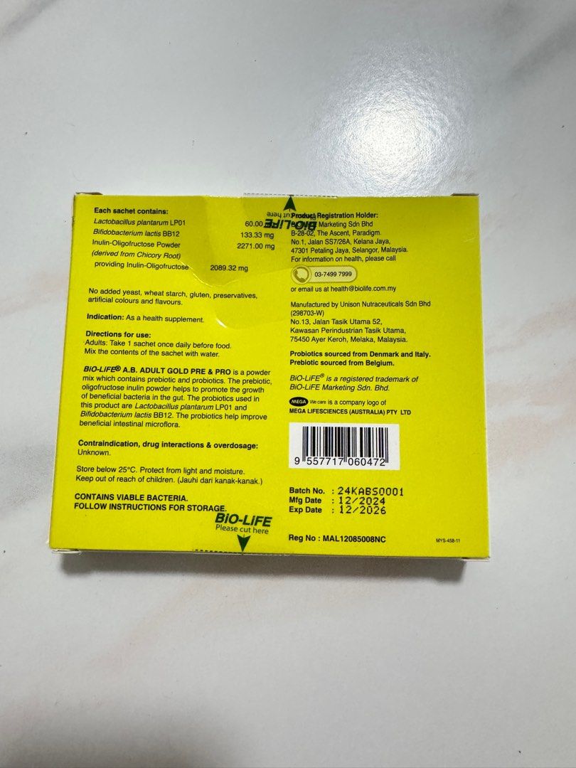 Bio-life AB adult gold prebiotic & probiotic 2.5gx10s (Category: Vitamins & Supplements) located in Singapore. Submitted by dealwitheasy (Listing ID 1375788608, Image 2). Description: Bio-life A.B. Adult Gold Prebiotic & Probiotics 2.5g x 10’s Take 1 sachet daily, 1 hour before meal. Mix the contents of the sachet with any cold beverage or water. Do not exceed 5 sachets a day. Ingredients: Probiotics (Lactobacillus plantarum LP-01, Bifidobacteriu