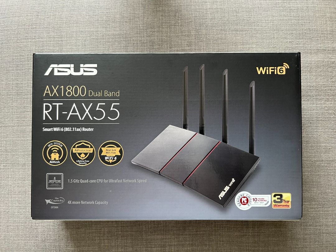 Brand New ASUS AX1800 Dual Band WiFi 6 (802.11ax) Router (with Free Asus Router and Huawei optical network terminal) (Category: Networking) located in Singapore. Submitted by qualitybuy7 (Listing ID 1375729489, Image 2). Description: Overview: AX1800 Dual Band WiFi 6 (802.11ax) Router supporting MU-MIMO and OFDMA technology, with AiProtection Classic network security powered by Trend Micro™, compatible with ASUS AiMesh WiFi system • Next-Gen WiFi