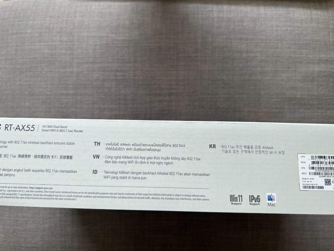 Brand New ASUS AX1800 Dual Band WiFi 6 (802.11ax) Router (with Free Asus Router and Huawei optical network terminal) (Category: Networking) located in Singapore. Submitted by qualitybuy7 (Listing ID 1375729489, Image 3). Description: Overview: AX1800 Dual Band WiFi 6 (802.11ax) Router supporting MU-MIMO and OFDMA technology, with AiProtection Classic network security powered by Trend Micro™, compatible with ASUS AiMesh WiFi system • Next-Gen WiFi