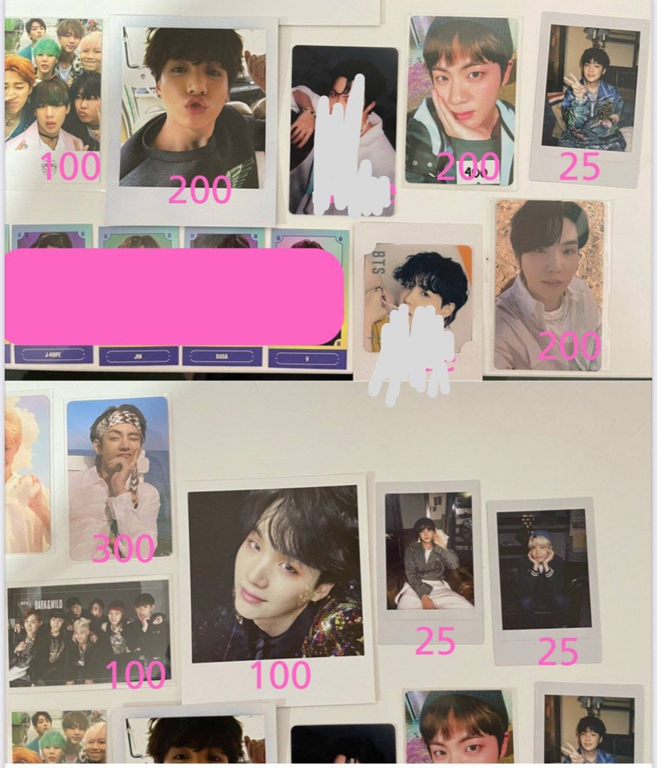 BTS photocards (Category: K-Wave Merchandise) located in Manila. Submitted by kasche (Listing ID 1372710456, Image 2). Description: 𐙚 Price is in the photo. Open for nego. 𐙚 Feel free to dm me your questions 𐙚 Most are in good condition 𐙚 Sold: jk yf, hyyh ot7, rm ly, jin ynwa, yoongi wings, hobi ly, taehyung butter, jk persona, ot7 dnw, jk ly.