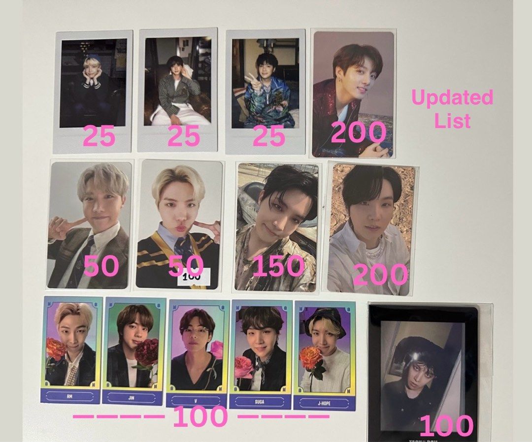 BTS photocards (Category: K-Wave Merchandise) located in Manila. Submitted by kasche (Listing ID 1372710456, Image 1). Description: 𐙚 Price is in the photo. Open for nego. 𐙚 Feel free to dm me your questions 𐙚 Most are in good condition 𐙚 Sold: jk yf, hyyh ot7, rm ly, jin ynwa, yoongi wings, hobi ly, taehyung butter, jk persona, ot7 dnw, jk ly.