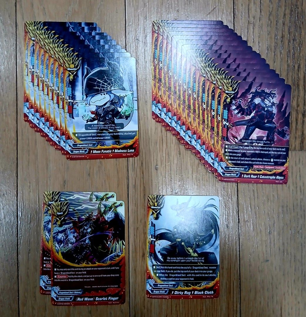 Buddyfight-> Dragonblood Sect Set (Category: Toys & Games) located in Singapore. Submitted by buddyfightcollector (Listing ID 1375769511, Image 1). Description: Dragonblood Sect Attribute. Cards Included: 9x Moon Fanatic Madness Luna 15x Dark Roar Catastrophe Abyss 2x Red Wave Scarlet Finger 1x Dirty Rag Black Cloth PM for more details and more images. Price is slightly negotiable. If split, offer price..