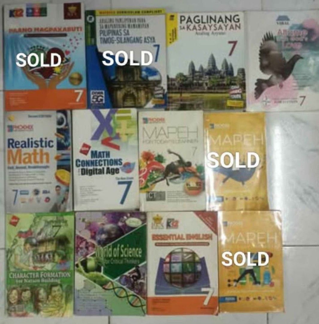 GRADE 7 BOOKS (Category: Textbooks) located in Quezon City. Submitted by Ajcee (Listing ID 1370629020, Image 1). Description: GRADE 7 BOOKS EACH BOOK FOR ONLY 350! *ALMOST NEW! *NO WRITINGS! *READY TO USE&GAGAMITIN NA LANG *SF SHOULDERED BY THE BUYER VIA LALAMOVE/GRAB OR J&T *GCash MODE OF PAYMENT *NO COD *ACTUAL PICTURES ALREADY POSTED *LOCATION:QUEZON CITY NO LOW BALLERS NO JOY RESERVER NO BOGUS BUYER.