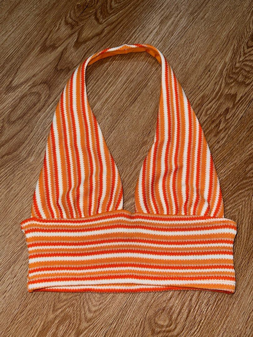 H&M Orange Striped Backless Halter Top (Category: Sleeveless) located in Manila. Submitted by decluttering77 (Listing ID 1375821758, Image 1). Description: - 10/10 condition - flattering! perfect for the summer - size xs on tag MOP: GCASH *will not ship unless fully paid.