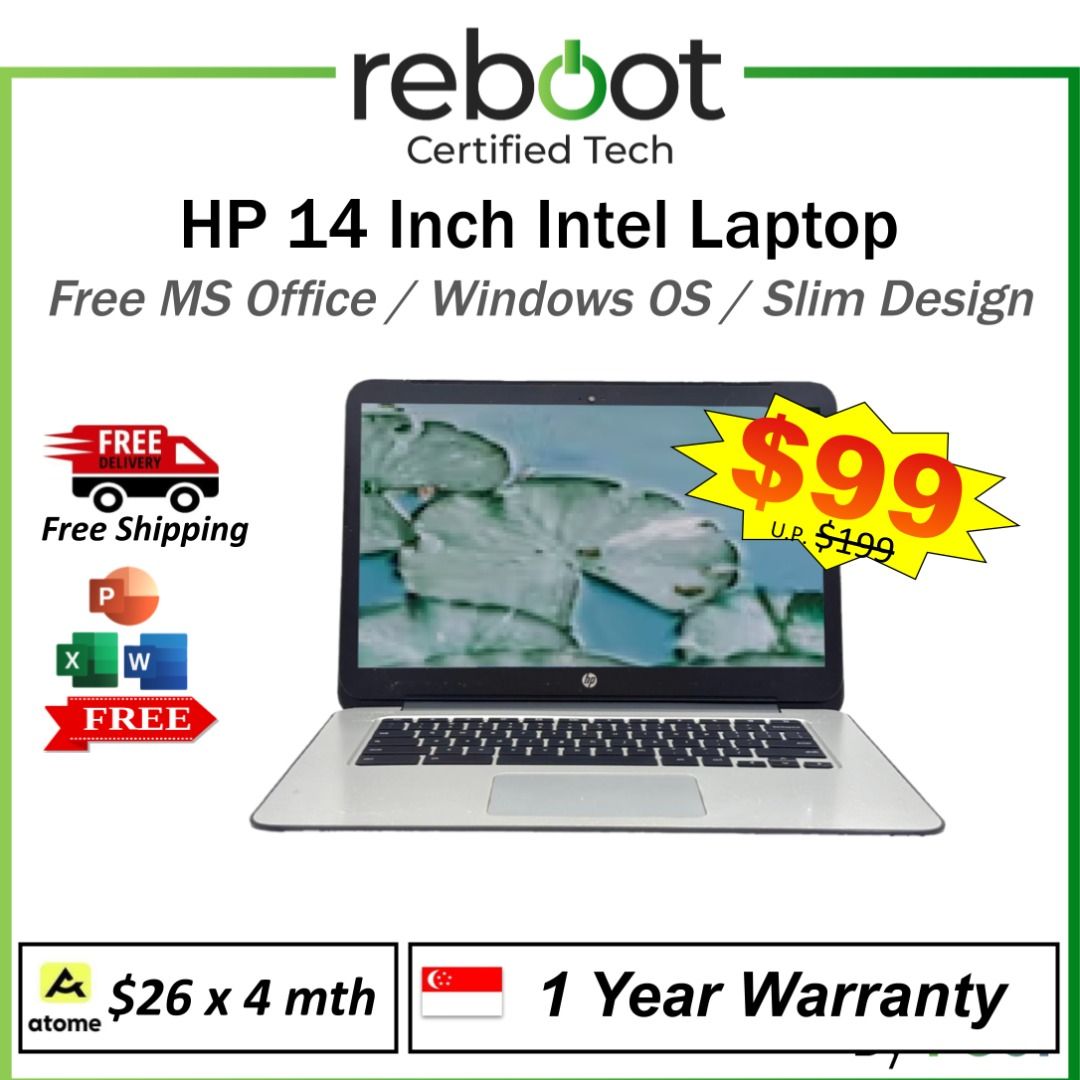 HP Intel Laptop - Slim & Sleek Design - Windows 11 + MS Office - Hot Deal Now - Cheapest Price !! From $99 Only ! (Category: Laptops & Notebooks) located in Singapore. Submitted by buyatfuji (Listing ID 1375772656, Image 1). Description: Click here for more special deal ! https://www.carousell.sg/u/buyatfuji/ 👨‍🔧FREE Additional 3 𝐌𝐨𝐧𝐭𝐡 𝐖𝐚𝐫𝐫𝐚𝐧𝐭𝐲 !! First 10 set only !!! 🎀 HP 14 Inch Laptop (G4) - Windows OS + Office - $139 - Chrome