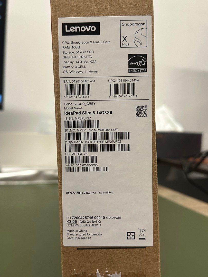 Lenovo IdeaPad Slim 5 14Q8X9 Business Laptop | 14.0" WUXGA | CPU Snapdragon X Plus 8 Core | Windows 11 Home | 16GB RAM 512GB SSD (Category: Laptops & Notebooks) located in Singapore. Submitted by techyg (Listing ID 1375664802, Image 3). Description: Like New, very lightly used for 1 week. Battery condition excellent Specs: - CPU: Snapdragon X Plus 8 Core - RAM: 16GB - Storage: 512GB SSD - GPU: Integrated - Display: 14.0" WUXGA - Battery: 3 CELL -
