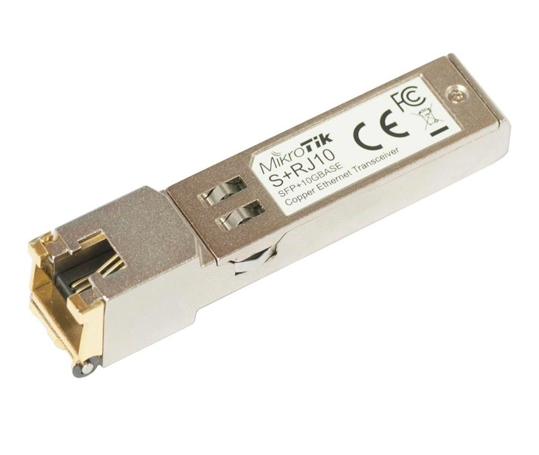 Mikrotik S+RJ10 (Category: Other Home Appliances) located in Singapore. Submitted by evince9 (Listing ID 1375781617, Image 1). Description: This unique module opens up a whole world of high speed connectivity possibilities, offering up to 10 Gbps speeds over regular familiar twisted-pair cables in your existing products that have SFP+ ports. Any MikroTik device with active cooling that has SFP+ ports can now be used without installing any optical
