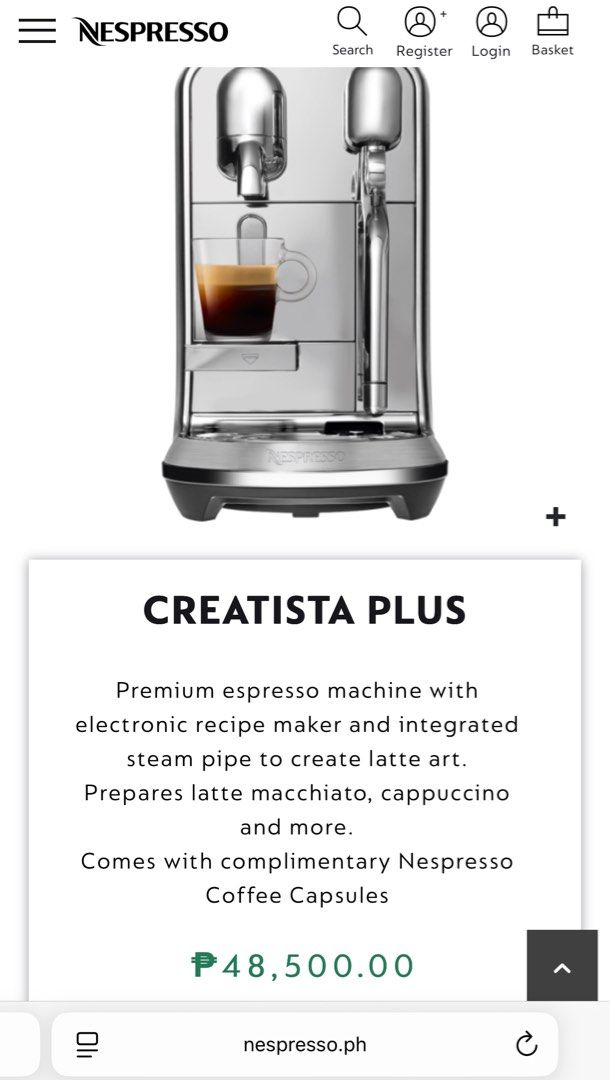 Nespresso Creatista Plus (Category: Coffee Machines & Makers) located in Baguio. Submitted by xentrep (Listing ID 1375672515, Image 1). Description: LOCATION: Baguio City Original price is ₱48,500 Slightly negotiable Specifications (https://www.nespresso.ph/creatista-plus): Steam pipe for milk frothing High pressure pump up to/max 19 bar Weight: 11.4 Pounds Descaling alarm Removable water tank: 1.5 L Used capsule container capacity: 12 Dimensions
