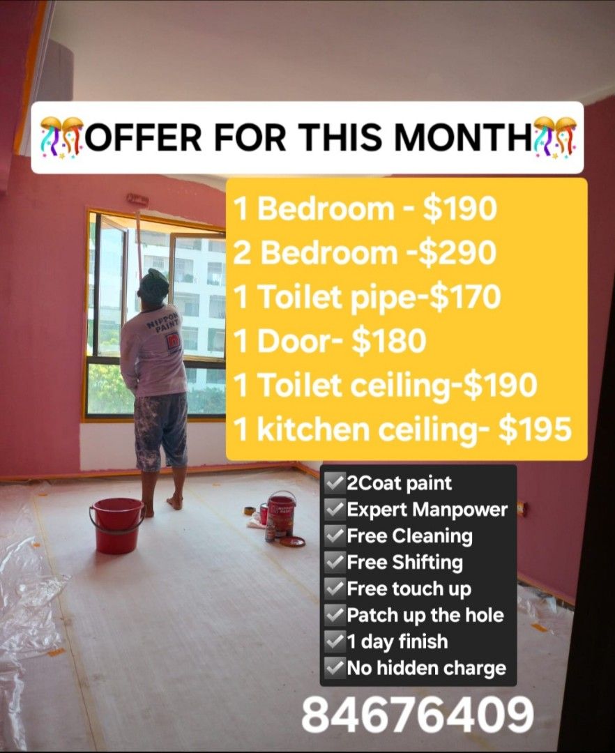 🎊Offer Offer Offer🎊 Bedroom/ Livingroom /2,3,4,5 Roomflat painting | HDB/ BTO/ Condo/ Landed/ Resale / Maissonate/ Office/ Cafe/ Commercial area 🌈 Nippon Brand 💯Colour Warranty628630780568331118