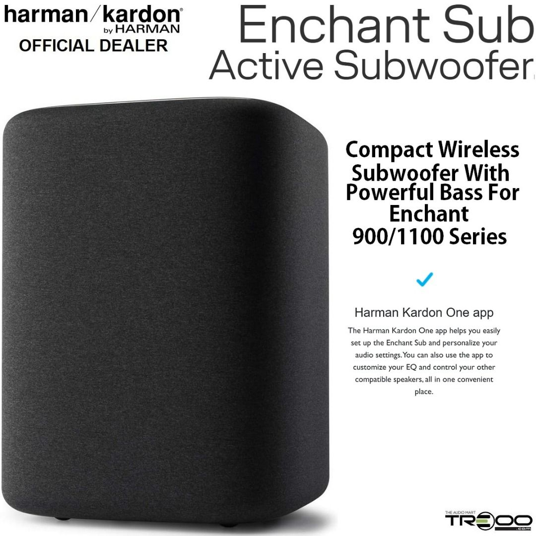 [Official]($20 Cashback!) Harman Kardon Enchant Sub 6.5-inch (6.5") Wireless Powered Subwoofer for Enchant Series Soundbars (Category: Soundbars, Speakers & Amplifiers) located in Singapore. Submitted by treoo (Listing ID 1375670962, Image 1). Description: 🔥✨ Promotion valid for a limited time only; while stocks last! ✨🔥 ✅ 6.5" Woofer Driver – Delivers powerful low-frequency bass with precision and depth. ✅ Wireless Connectivity – Pairs seamles