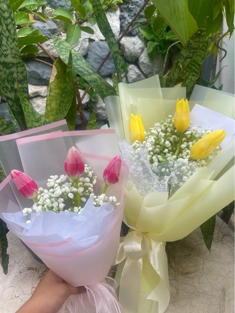 Fresh Tulips Bouquet (Category: Flowers & Bouquets) located in Pasig City. Submitted by aefs_ (Listing ID 1375771255, Image 3). Description: Fresh Tulips per piece - ₱160 each 6pcs up - ₱150 each 12pcs up - ₱135 Fresh Tulips Bouquet 3pcs with fillers - ₱1,000 5pcs with fillers - ₱1,500 3pcs without fillers - ₱750 5pcs without fillers - ₱1,200 many colors to choose from! you may also request or send inspo 🖇️ Flower Bouquet Arrangements also avail