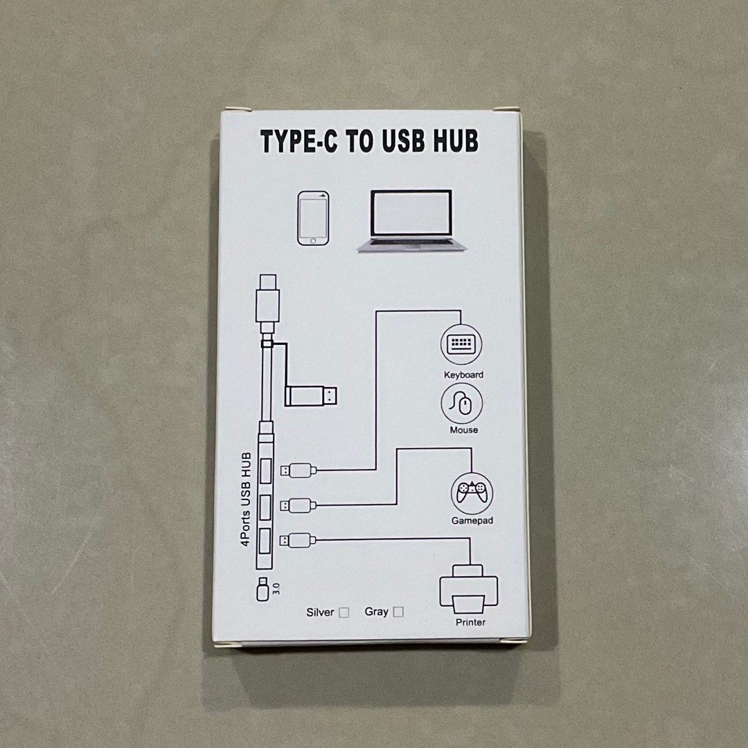 Type-C to USB Hub 4 Ports Multi-Interface Adaptor (Category: Cables & Adaptors) located in Singapore. Submitted by lelongstreet (Listing ID 1375830631, Image 2). Description: Brand new Type-C to USB hub with 4 ports. Connects to phones, laptops, and allows use of keyboards, mice, gamepads, and printers. Available in silver or gray. Compact and portable design..