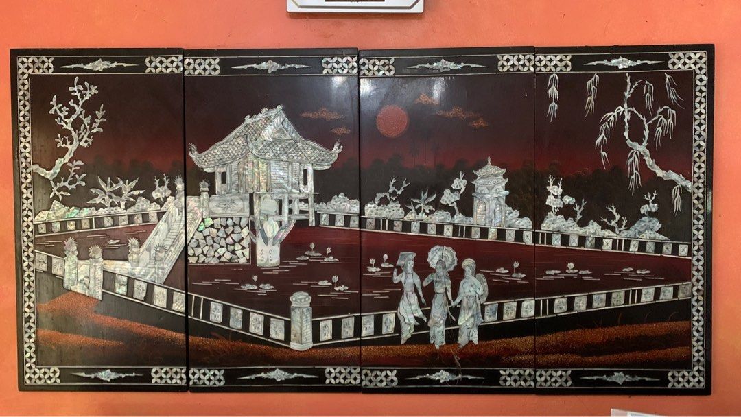 Wall Art Display. Vietnamese Lacquer Painting. (Category: Frames & Pictures) located in Pateros City. Submitted by stylestash (Listing ID 1375804213, Image 1). Description: 📍Item is in Antipolo •Very good condition. Well taken cared of. •Large four panel Vietnamese lacquer painting with mother of pearl inlay, specifically depicting the One Pillar Pagoda (Chùa Một Cột) in Hanoi, Vietnam •Crafted with precision and sophisticated craftsmanship. The