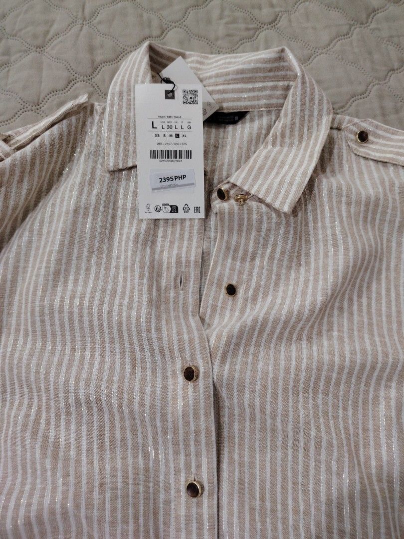 BRAND NEW Zara Blouses (Category: Blouses) located in Pasig City. Submitted by gnowe11k (Listing ID 1372611128, Image 2). Description: Original Zara Brand New Blue Stripe 1,500 Small Oversize Look Beige Stripe Large 2,000.