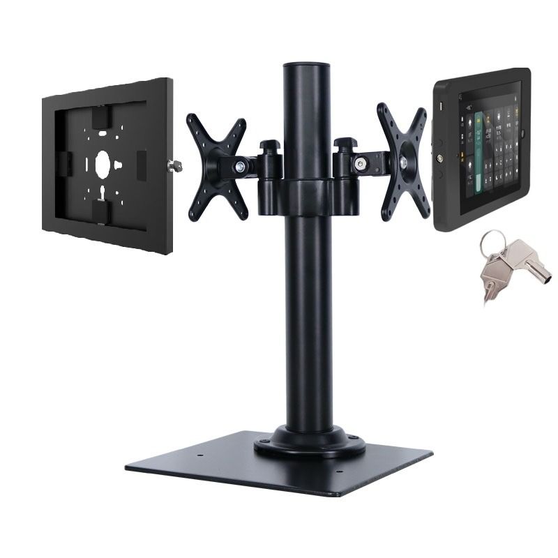 Dual tablet stand speedsmount floor or table stand anti theft key lock (Category: Computer Parts) located in Singapore. Submitted by tvmountsg (Listing ID 1372583254, Image 1). Description: MODEL: JIE: IPAD 9.7/10.2/10.9/12.9 inch for choice Model : TES suitable for most of IPAD tablet from 10.5-10.9 inch some may cover camera hole Model L L1 for laptop up to 17ich Mounting option to table: clamp/screw in /free standing Weight Limit 8 kg per arm 
