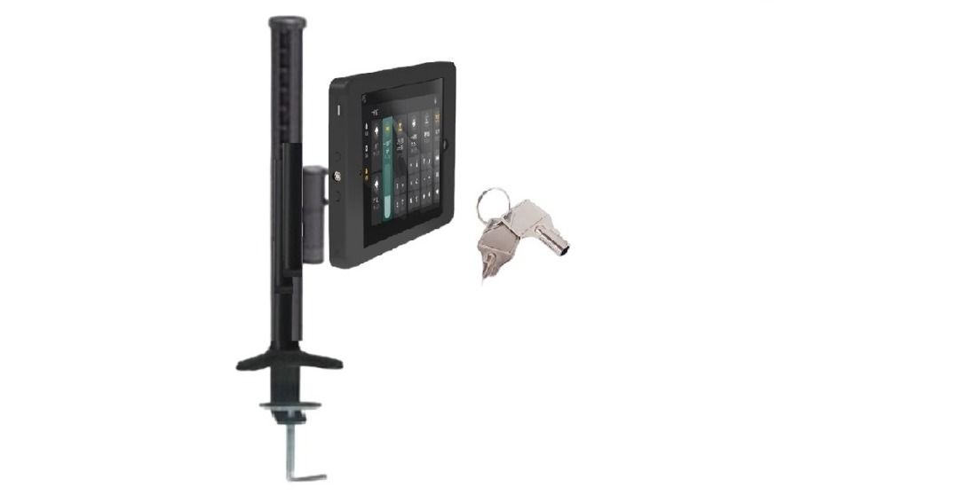 Dual tablet stand speedsmount floor or table stand anti theft key lock (Category: Computer Parts) located in Singapore. Submitted by tvmountsg (Listing ID 1372583254, Image 3). Description: MODEL: JIE: IPAD 9.7/10.2/10.9/12.9 inch for choice Model : TES suitable for most of IPAD tablet from 10.5-10.9 inch some may cover camera hole Model L L1 for laptop up to 17ich Mounting option to table: clamp/screw in /free standing Weight Limit 8 kg per arm 