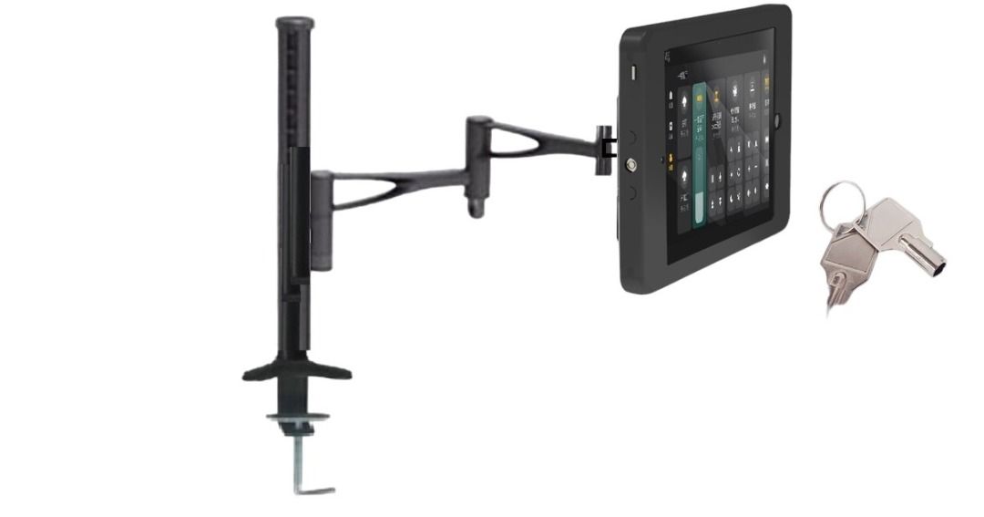 Dual tablet stand speedsmount floor or table stand anti theft key lock (Category: Computer Parts) located in Singapore. Submitted by tvmountsg (Listing ID 1372583254, Image 2). Description: MODEL: JIE: IPAD 9.7/10.2/10.9/12.9 inch for choice Model : TES suitable for most of IPAD tablet from 10.5-10.9 inch some may cover camera hole Model L L1 for laptop up to 17ich Mounting option to table: clamp/screw in /free standing Weight Limit 8 kg per arm 