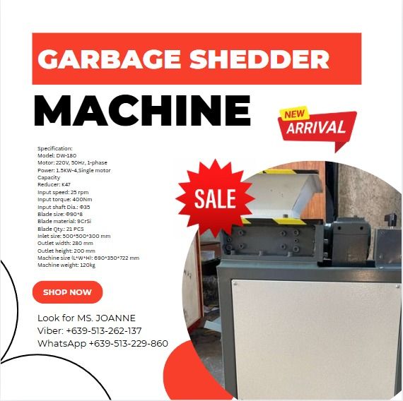 Garbage Shedder Machine DW-180 (Category: Everything Else Others) located in Malabon City. Submitted by moannataga43633 (Listing ID 1372492019, Image 1). Description: 🎯 Pick up, Deliver or Shipping courier you prefer. 🚛THRU: LBC, AP CARGO Etc. Mode of Payment: 📌 💵 Cash 📌 🏦 Bank Transfer 𝗡𝗢𝗧𝗘: Price may change without prior notice. .