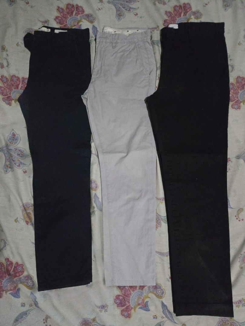H&M Chino Pants Bundle (Category: Chinos) located in Manila. Submitted by engrap (Listing ID 1364582411, Image 1). Description: Take all for 600 only Grey - 30Wx37L Navy Blue - 31Wx37L Black - 32Wx39L.
