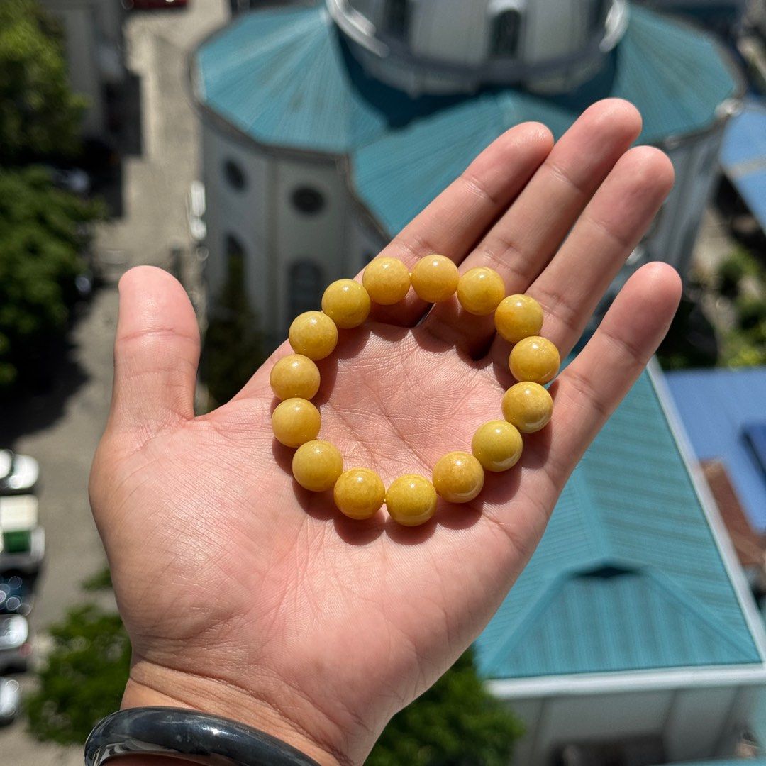 Jade Bracelet Burmese Yellow Natural Type A (Category: Bracelets) located in Pasay City. Submitted by outmonkeys (Listing ID 1372491030, Image 2). Description: Authentic Jadeite Color: Burmese Yellow Bead size: 13mm With certificate and Box Price: 8k negotiable For sure buyer PM me..
