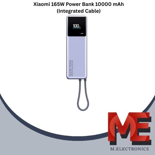 [NEW] Xiaomi 165W Power Bank 10000mAh (Integrated Cable) (Category: Power Banks & Chargers) located in Singapore. Submitted by m.electronics (Listing ID 1372430755, Image 1). Description: Specifications Product Model: PB1165M| Battery type: Lithium-ion battery Rated capacity*: 5500mAh (5V/4A) Battery power: 36Wh (The product has four in-built 2500mAh batteries) Input port: USB-C®/USB-C with integrated cable Output port: USB-C/USB-C with integrate