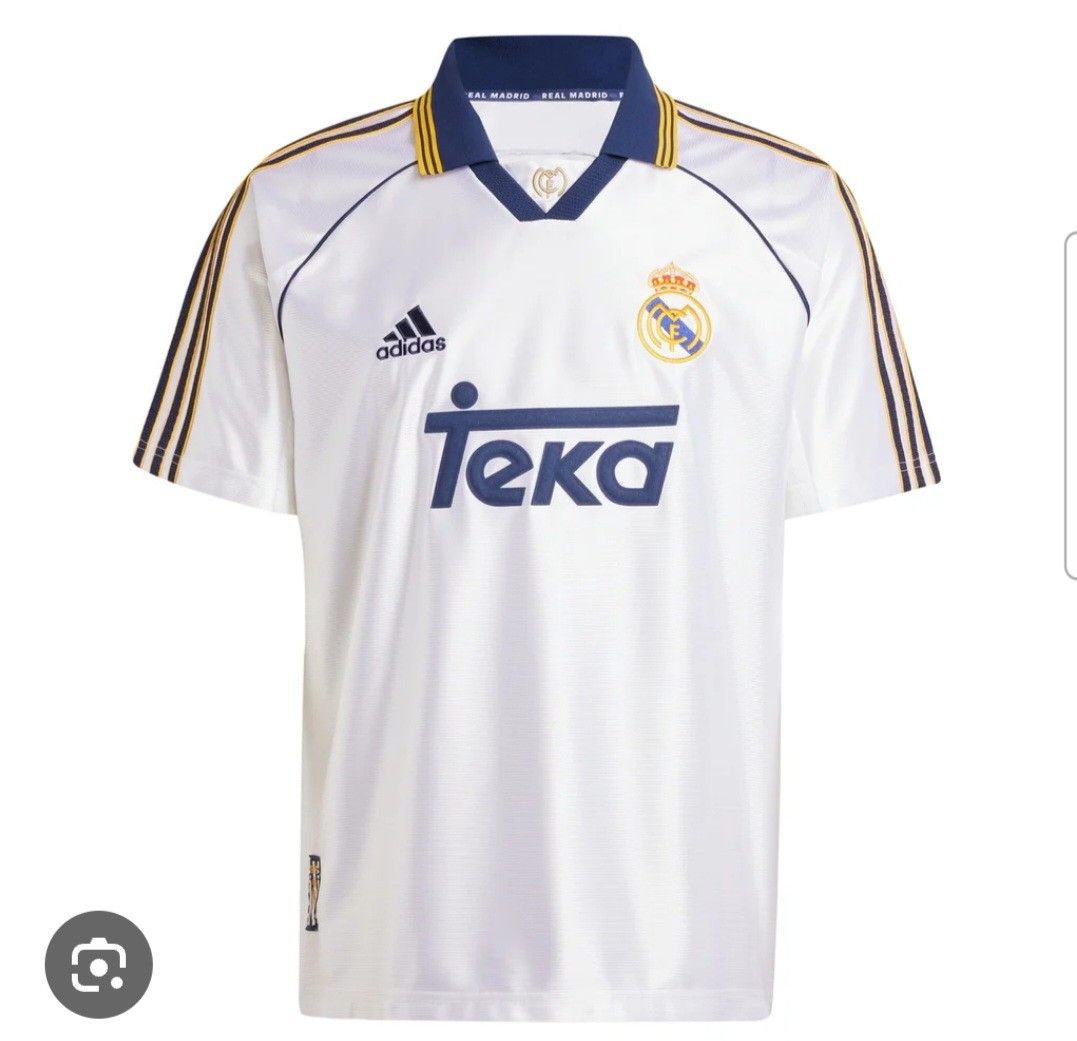 Adidas Real Madrid 1999Teka Jersey (Category: Activewear) located in Singapore. Submitted by rafi11 (Listing ID 1376001097, Image 1). Description: Vintage Real Madrid jersey from the 1999 season. White with navy and gold details. Features the Teka sponsor. Classic Adidas design.Sold out everywhere.Aunthentic from adidas..